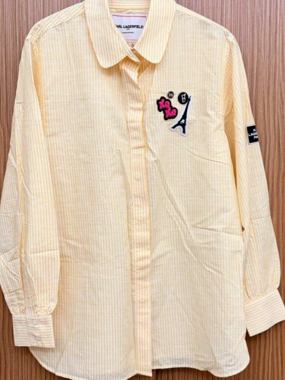 Karl Lagerfeld Pale Yellow Pinstripe Shirt with Embroidered Motifs